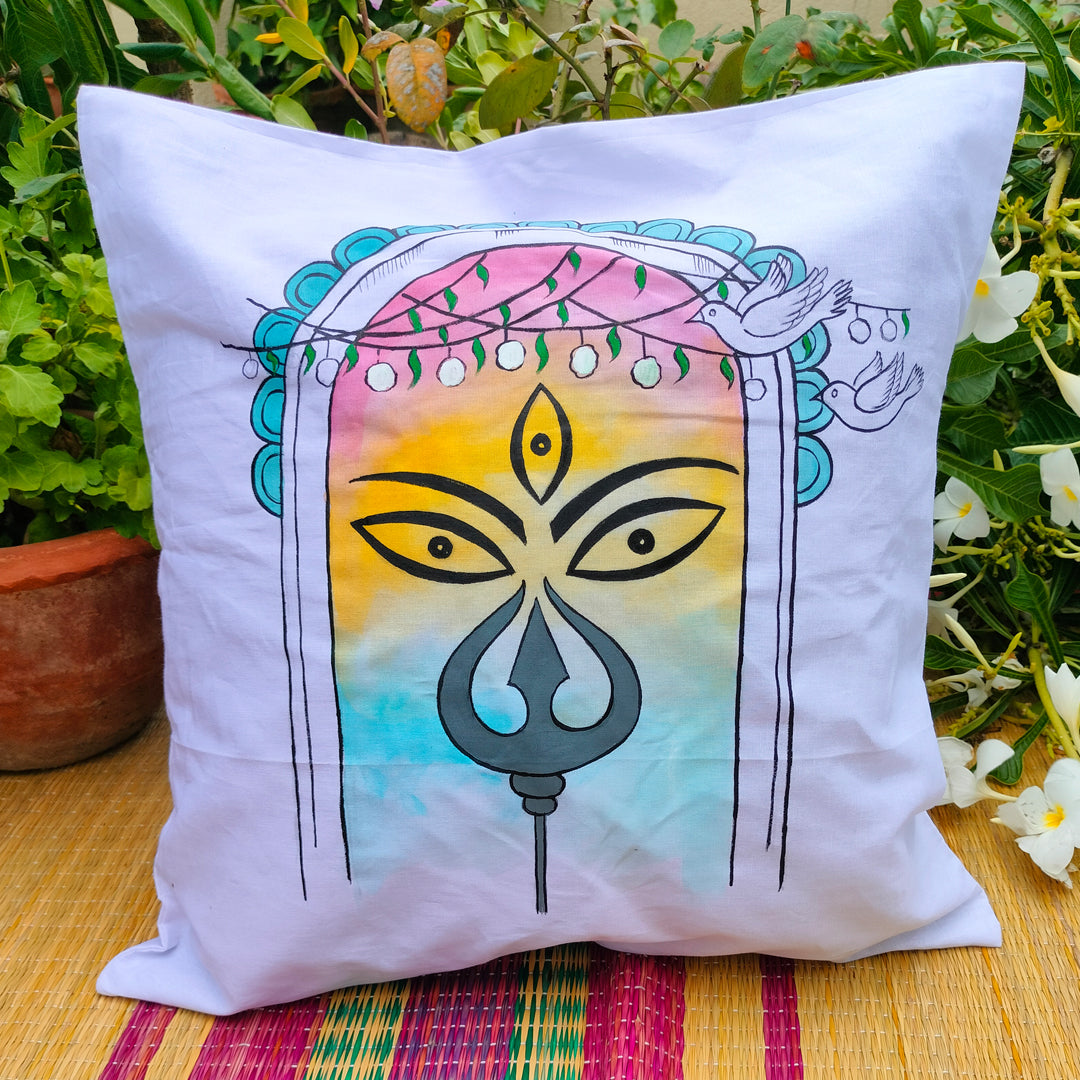 Cotton Hand-Painted 16.5 Inches L X 16.5 Inches W Durga Inspired Cushion Cover Set of 4 (Combo) | Cushion Cover | Cushion | Pillow Cover | Sofa Decor | Home Decor | Premium Cushion Cover