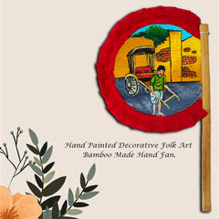 Craftooba Hand Painted Decorative Folk Art Bamboo Made Hand Fan (hatpakha) A man with tana rikshaw | Home Decor & Festival | Handmade & Handpainted Beautiful Traditional Hand Fan.