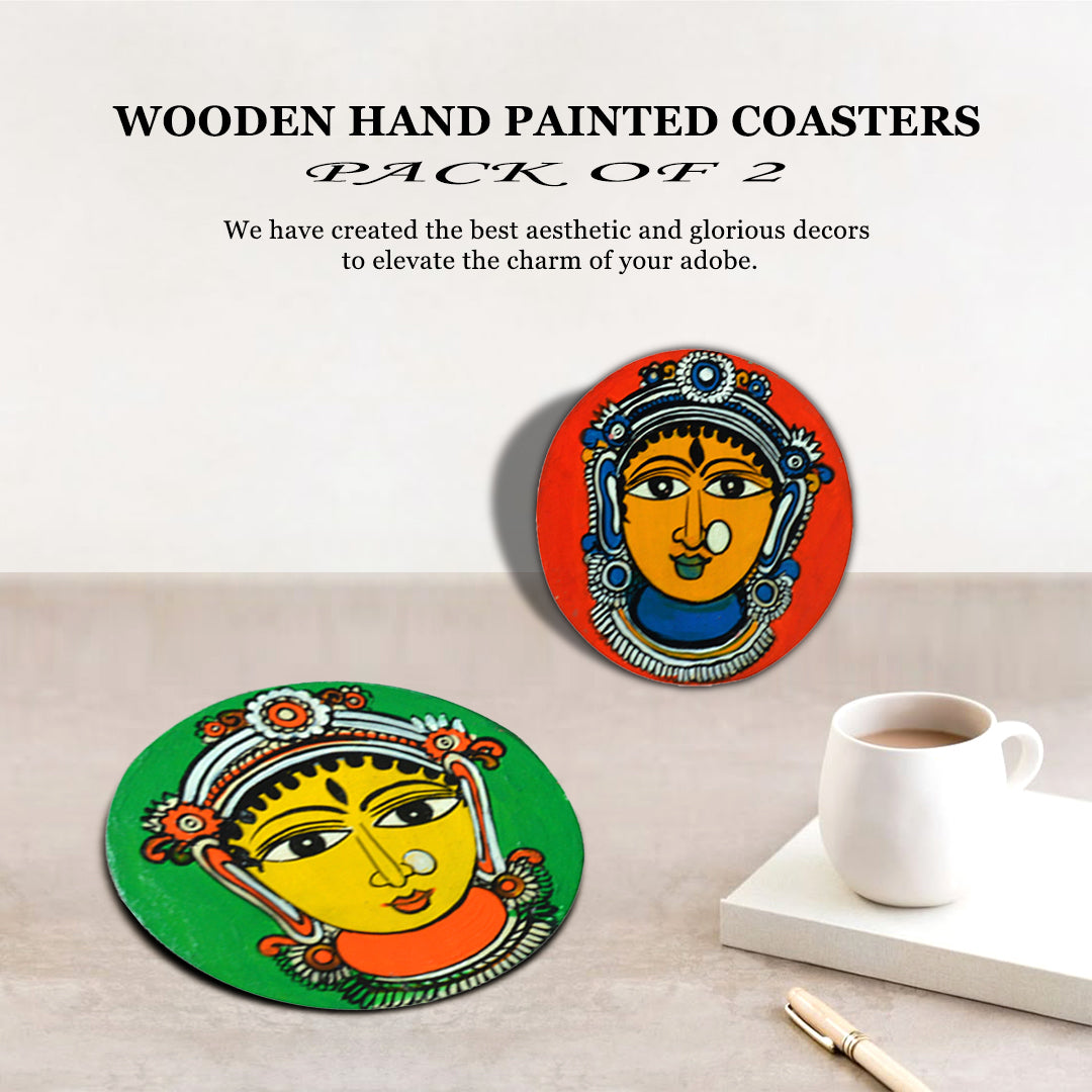 Wooden handpainted Maa Durga Inspired Coasters art Set Of 2 –  | Wooden handpainted coaster decor