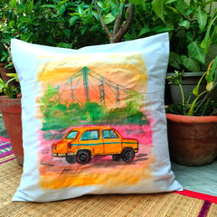 Cotton Hand-Painted 16.5 Inches L X 16.5 Inches W Kolkata Transport Inspired Cushion Cover Set of 4 (Combo) | Cushion Cover | Cushion | Pillow Cover | Sofa Decor | Home Decor | Premium Cushion Cover