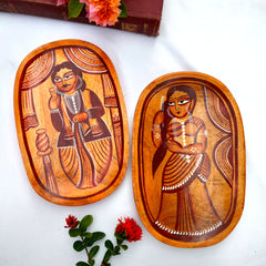 Craftooba Handcrafted Set of 2 Wooden Trays with Kalighat Patachitra – Babu & Bibi Design | Trays | Wooden Tray | Handpainted Trays | Decorative Trays | Serving Tray | Table Top | Decor |