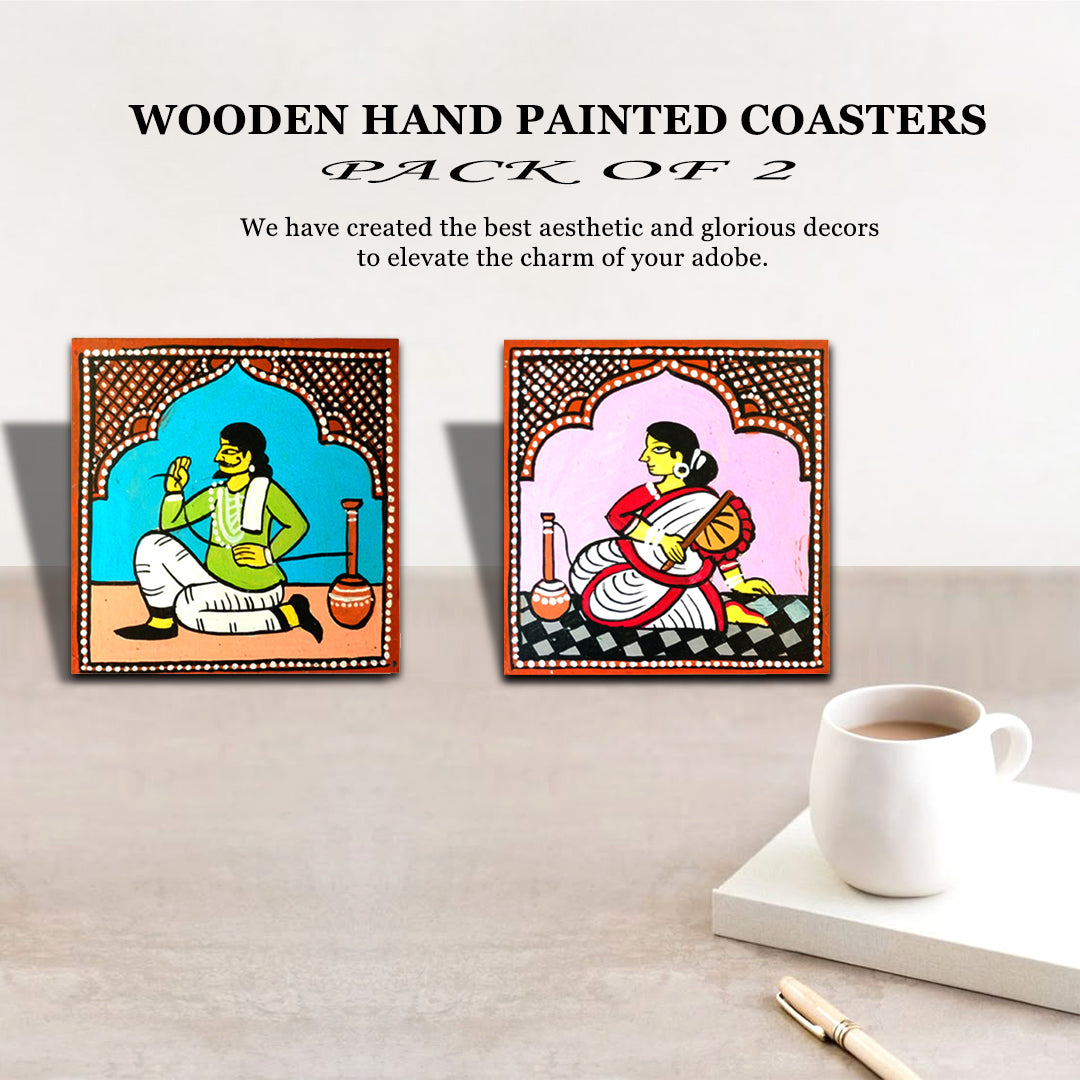 Wooden handpainted Babuculture inspired Coasters art Set Of 2  | Wooden handpainted coaster decor