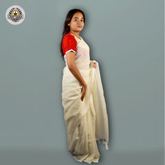 Craftooba Handwoven and hand spun white soft cotton saree with stripes in golden zari | Saree | Sari | Ethnic Wear | Sarees for women | Women Wear | Cotton saree