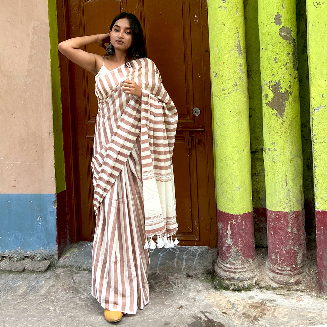 Craftooba Handwoven and hand spun Brown stripe soft cotton saree | Saree | Sari | Ethnic Wear | Sarees for women | Women Wear | Cotton saree