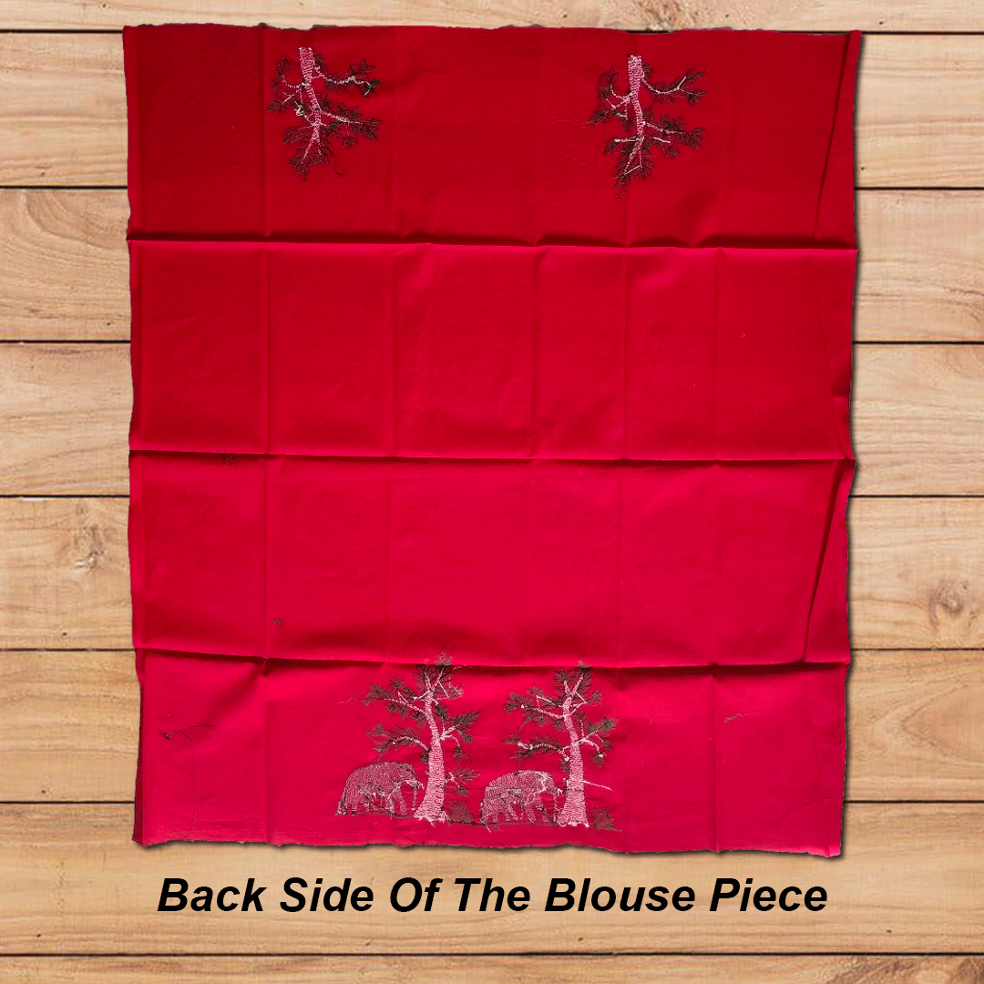 Craftooba Red Elephant Designed Blouse Piece | Blouse Material | Designer Blouse | Kantha Hand Embroidered Blouse Piece