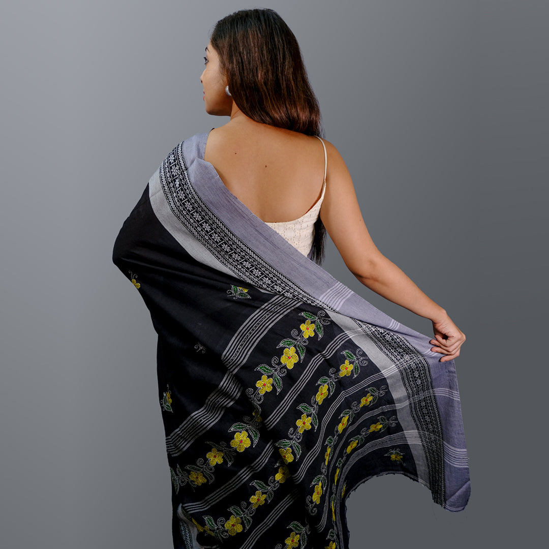 Craftooba Soft Cotton Black Kantha Embroidery Stitch Santipuri Saree | Ethnic Wear | Sarees for women | Women Wear | Hand Embroidered Saree | Kantha Stitch | Saree | Cotton saree |