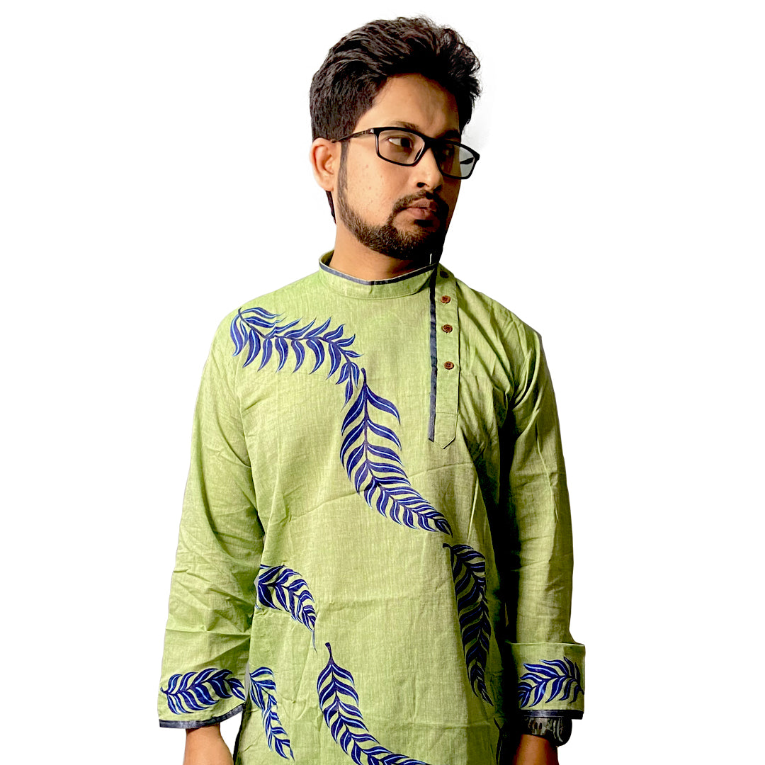 Craftooba Hand Painted Cotton Green Colour Punjabi for Men | Punjabi | Ethnic Wear | Clothing | Kurta | Kurta for Men