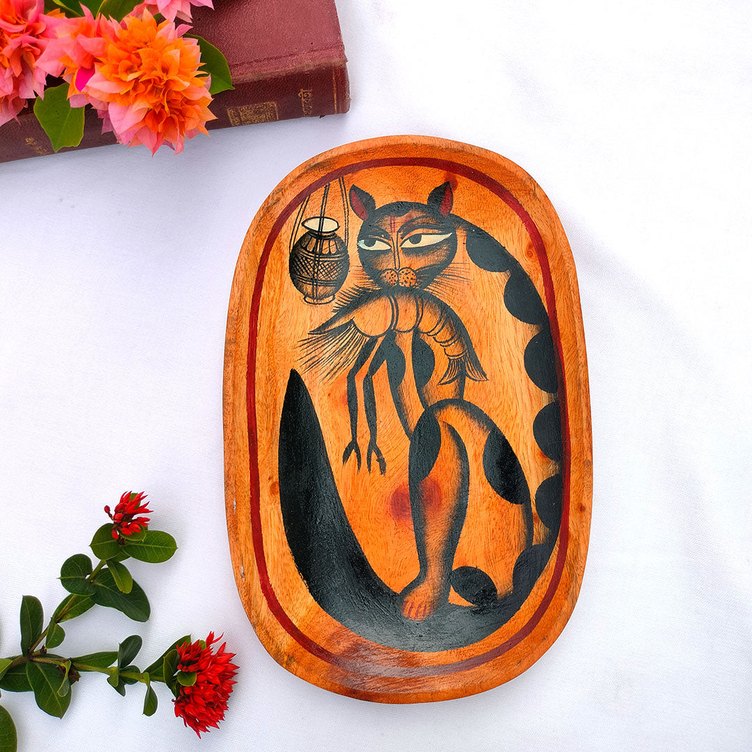 Craftooba A Curious Tale from Kolkata The Cat with The Prawn Handpainted Wooden Tray | Trays | Wooden Tray | Handpainted Trays | Decorative Trays | Serving Tray | Table Top | Decor |