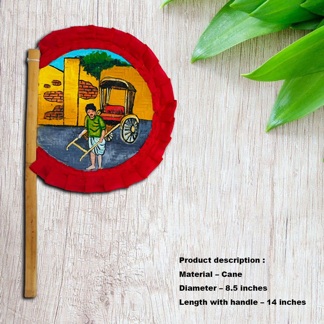 Craftooba Hand Painted Decorative Folk Art Bamboo Made Hand Fan (hatpakha) A man with tana rikshaw | Home Decor & Festival | Handmade & Handpainted Beautiful Traditional Hand Fan.