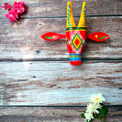 Handcrafted Wooden Cow Head Wall Decor | 6 Inches | Oachira Festival Kerala Inspired | Vastu Positive Home Decor