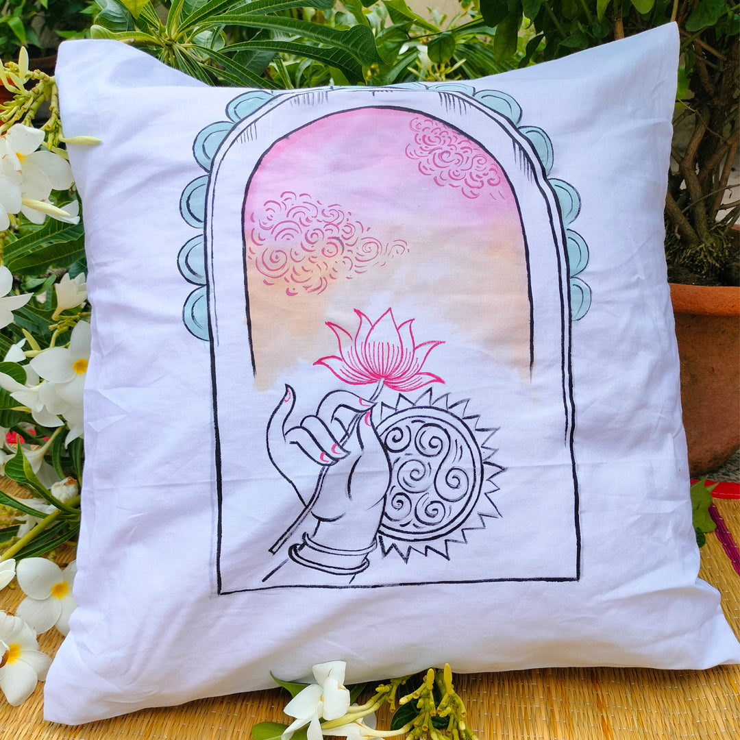 Cotton Hand-Painted 16.5 Inches L X 16.5 Inches W Durga Inspired Cushion Cover Set of 4 (Combo) | Cushion Cover | Cushion | Pillow Cover | Sofa Decor | Home Decor | Premium Cushion Cover