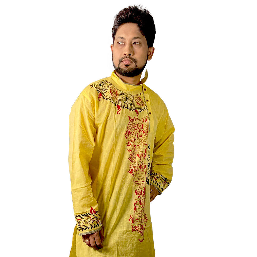 Craftooba Hand Painted Cotton Yellow Colour Punjabi for Men | Punjabi | Ethnic Wear | Clothing | Kurta | Kurta for Men