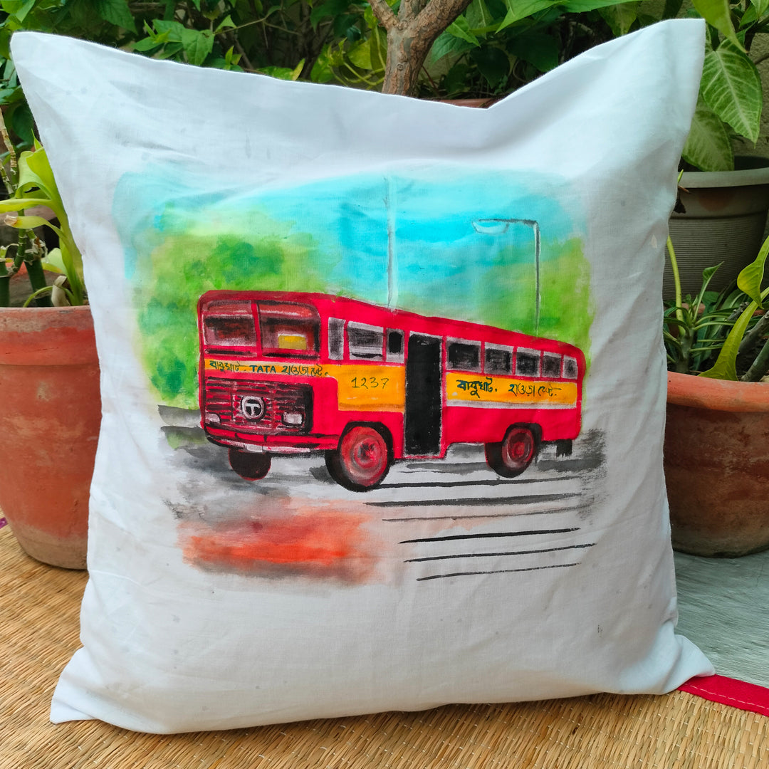 Cotton Hand-Painted 16.5 Inches L X 16.5 Inches W Kolkata Transport Inspired Cushion Cover Set of 4 (Combo) | Cushion Cover | Cushion | Pillow Cover | Sofa Decor | Home Decor | Premium Cushion Cover