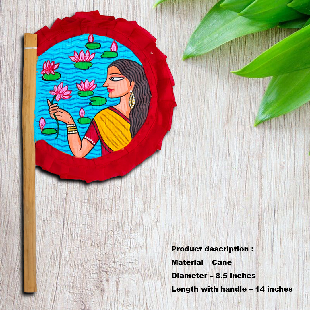 Craftooba Hand Painted Decorative Folk Art Bamboo Made Hand Fan (hatpakha) Women with lotus | Home Decor & Festival | Handmade & Handpainted Beautiful Traditional Hand Fan.