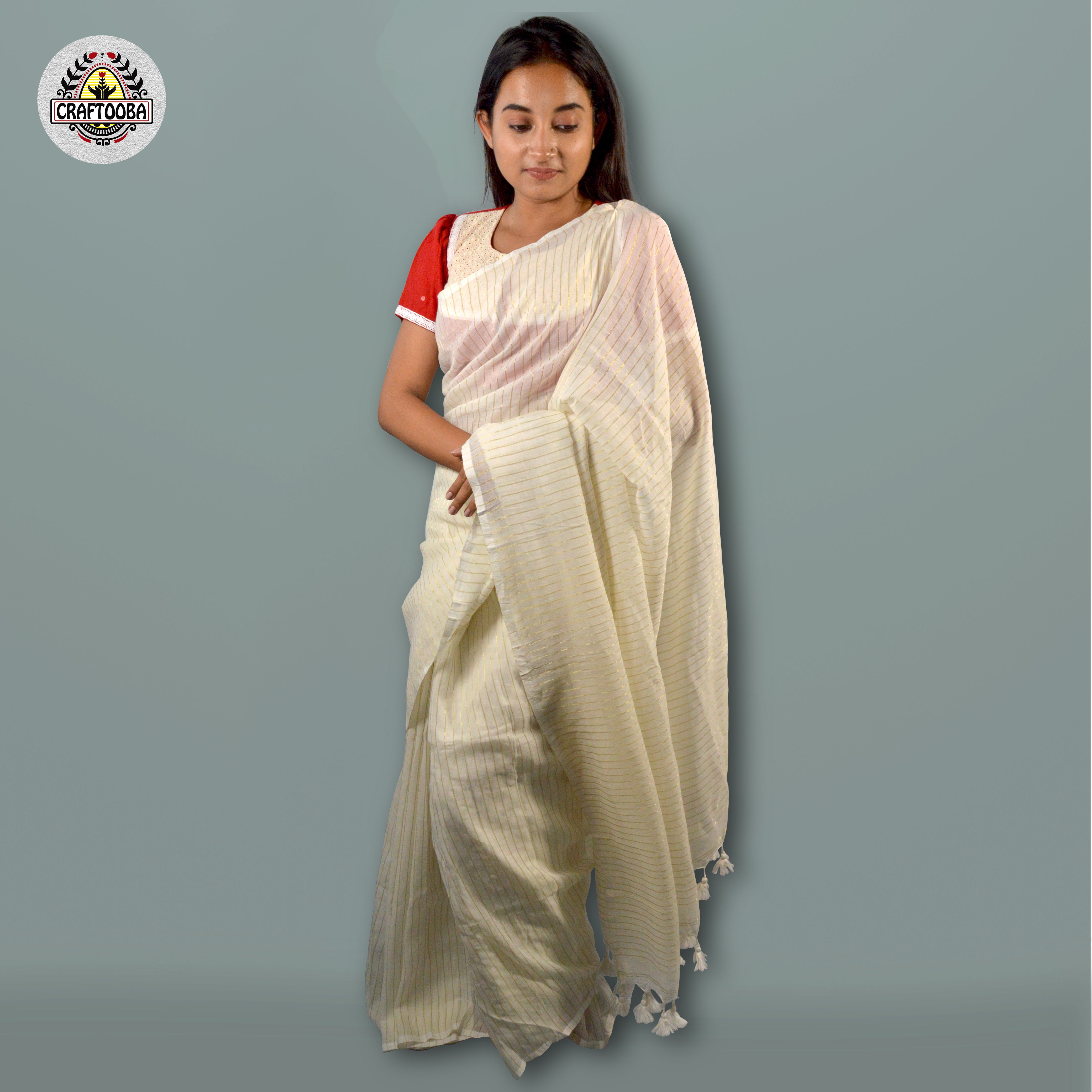 Craftooba Handwoven and hand spun white soft cotton saree with stripes in golden zari | Saree | Sari | Ethnic Wear | Sarees for women | Women Wear | Cotton saree