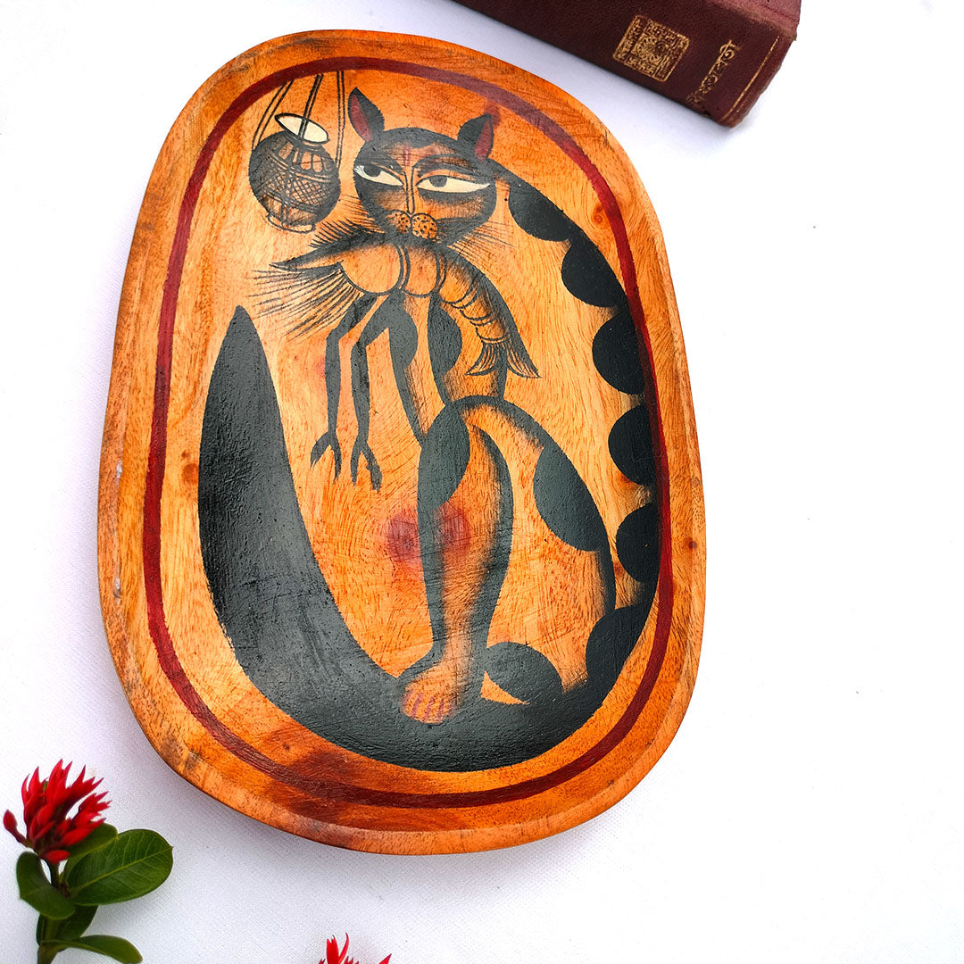 Craftooba A Curious Tale from Kolkata The Cat with The Prawn Handpainted Wooden Tray | Trays | Wooden Tray | Handpainted Trays | Decorative Trays | Serving Tray | Table Top | Decor |
