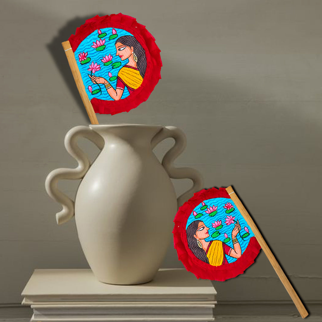 Craftooba Hand Painted Decorative Folk Art Bamboo Made Hand Fan (hatpakha) Women with lotus | Home Decor & Festival | Handmade & Handpainted Beautiful Traditional Hand Fan.