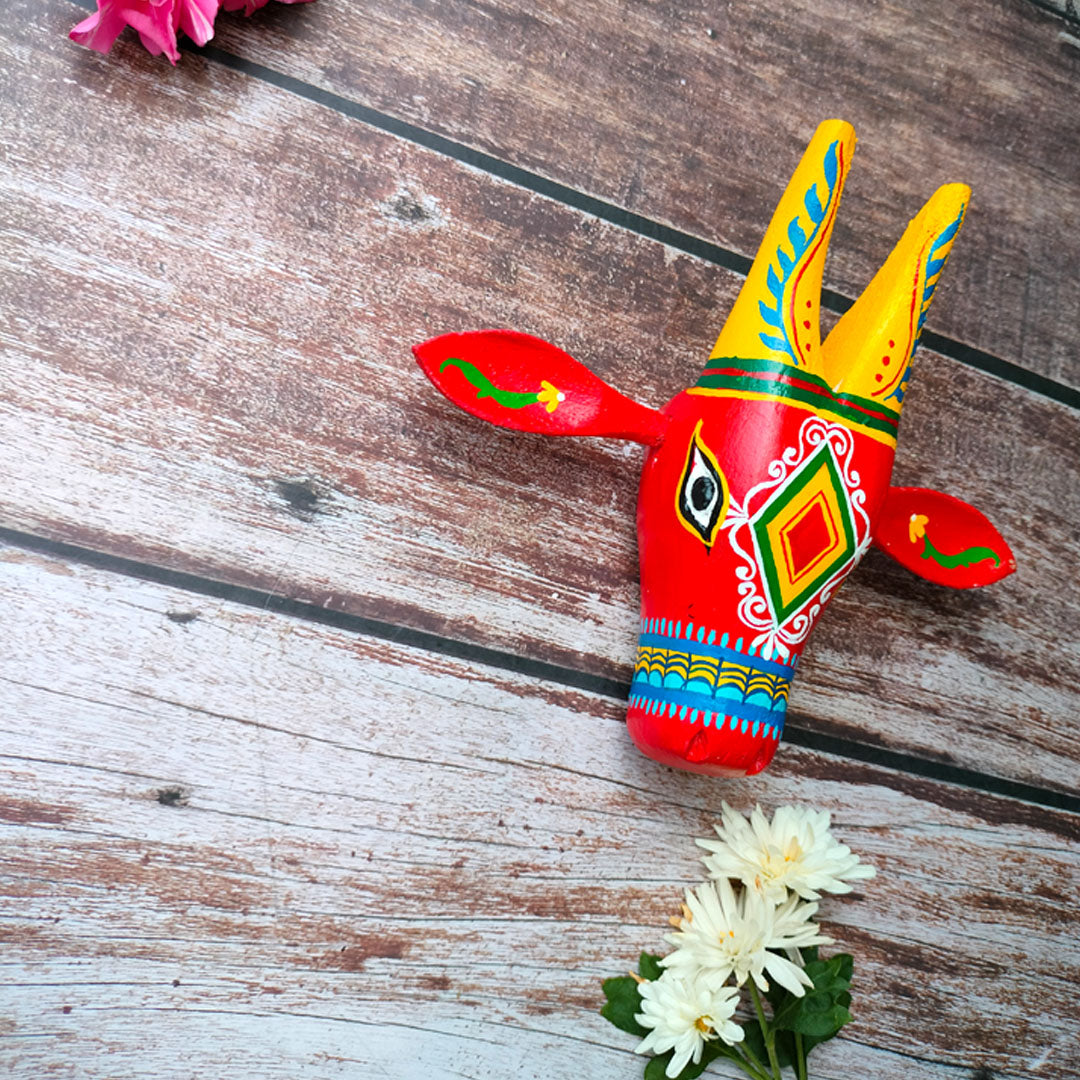 Handcrafted Wooden Cow Head Wall Decor | 6 Inches | Oachira Festival Kerala Inspired | Vastu Positive Home Decor