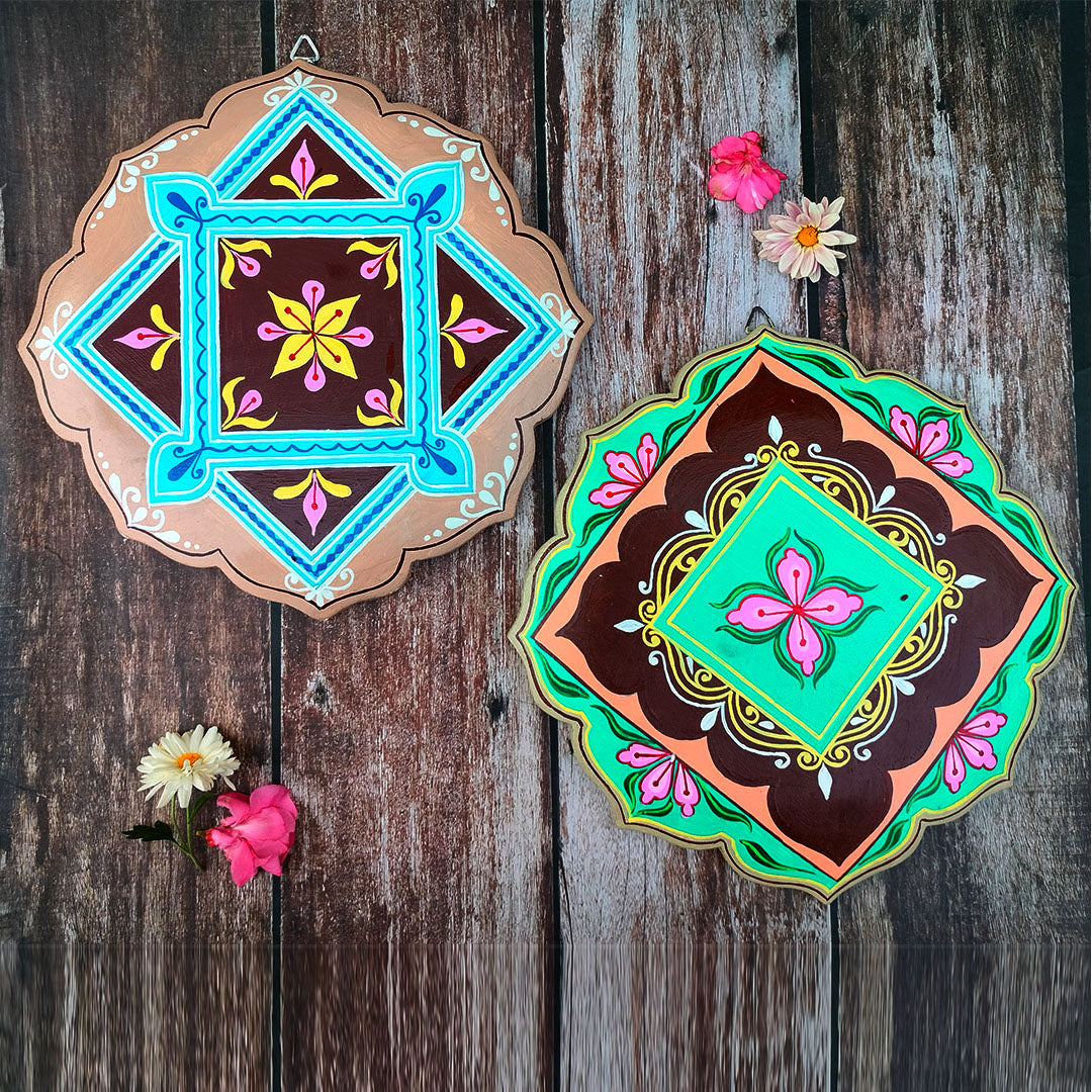 Hand-Painted Engineered Wood Wall Plate Set – Lotus Petal Design (Set of 2)