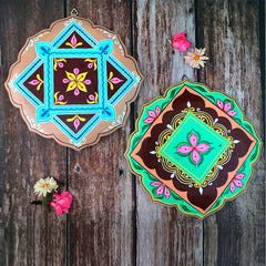 Hand-Painted Engineered Wood Wall Plate Set – Lotus Petal Design (Set of 2)