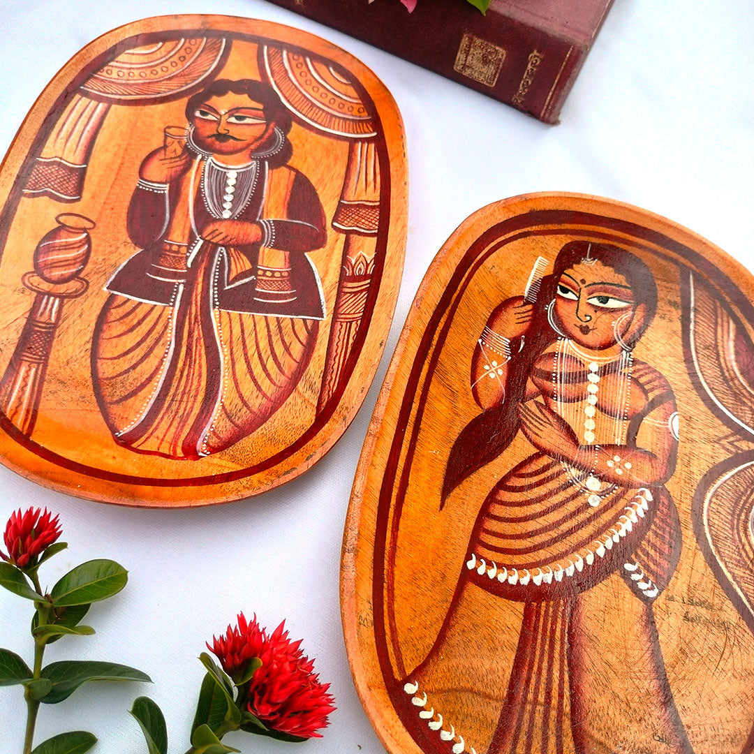 Craftooba Handcrafted Set of 2 Wooden Trays with Kalighat Patachitra – Babu & Bibi Design | Trays | Wooden Tray | Handpainted Trays | Decorative Trays | Serving Tray | Table Top | Decor |
