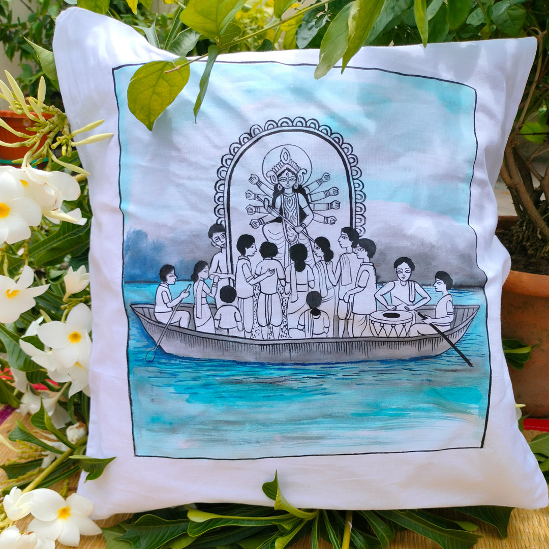 Cotton Hand-Painted 16.5 Inches L X 16.5 Inches W Durga Inspired Cushion Cover Set of 4 (Combo) | Cushion Cover | Cushion | Pillow Cover | Sofa Decor | Home Decor | Premium Cushion Cover