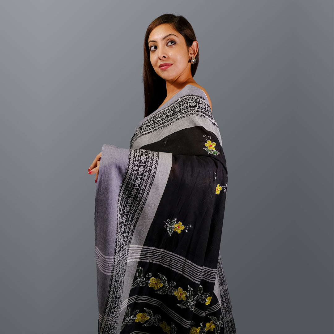 Craftooba Soft Cotton Black Kantha Embroidery Stitch Santipuri Saree | Ethnic Wear | Sarees for women | Women Wear | Hand Embroidered Saree | Kantha Stitch | Saree | Cotton saree |