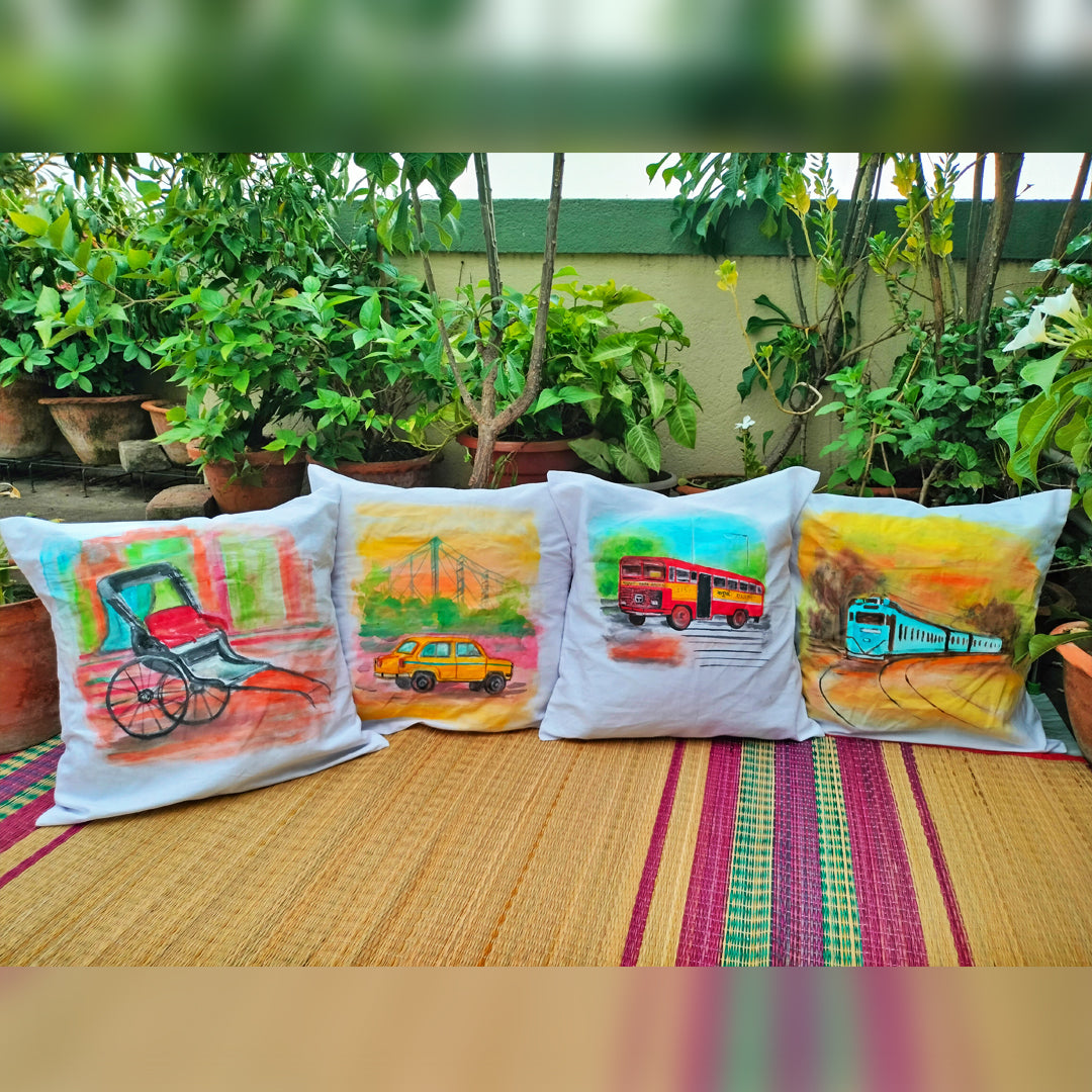 Cotton Hand-Painted 16.5 Inches L X 16.5 Inches W Kolkata Transport Inspired Cushion Cover Set of 4 (Combo) | Cushion Cover | Cushion | Pillow Cover | Sofa Decor | Home Decor | Premium Cushion Cover