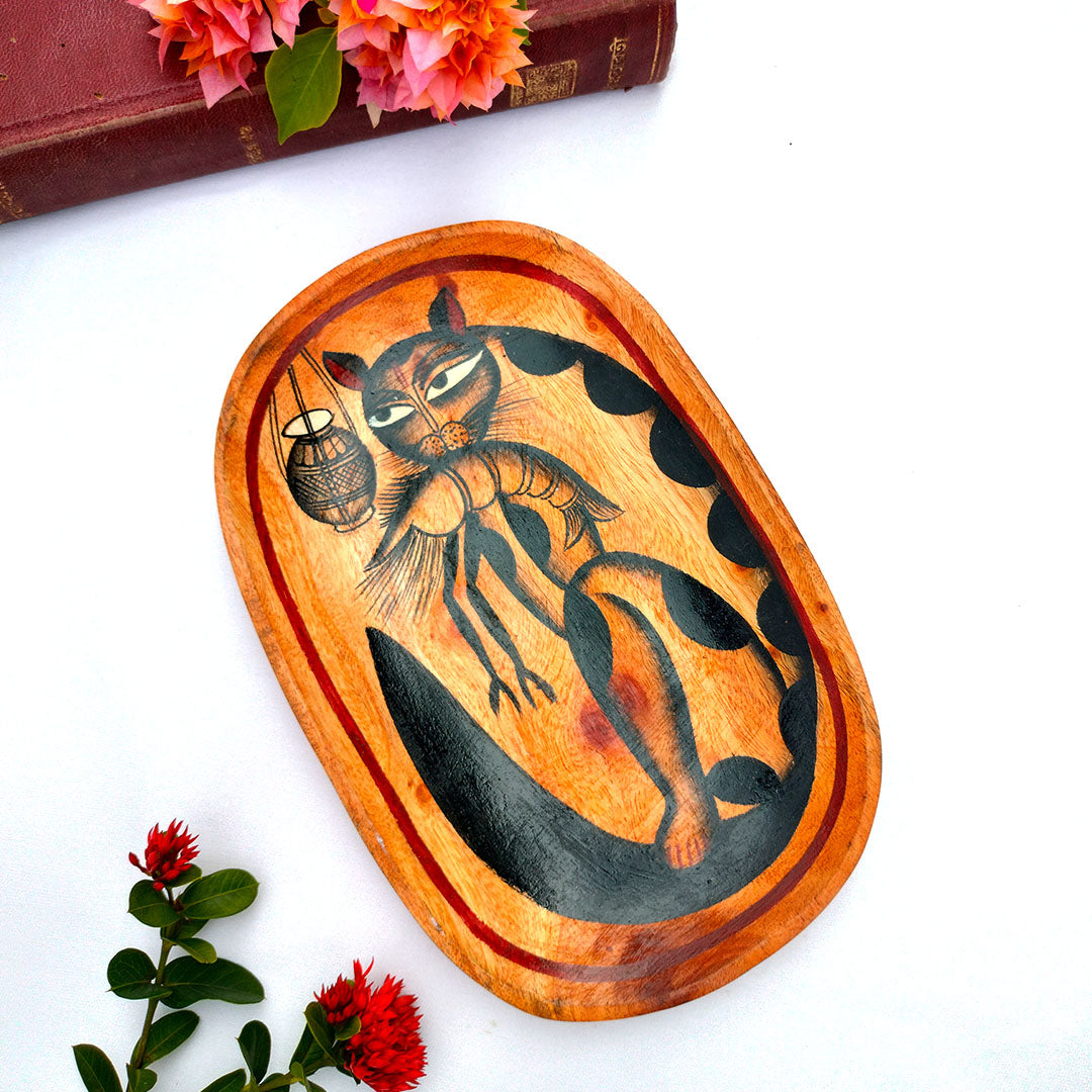 Craftooba A Curious Tale from Kolkata The Cat with The Prawn Handpainted Wooden Tray | Trays | Wooden Tray | Handpainted Trays | Decorative Trays | Serving Tray | Table Top | Decor |