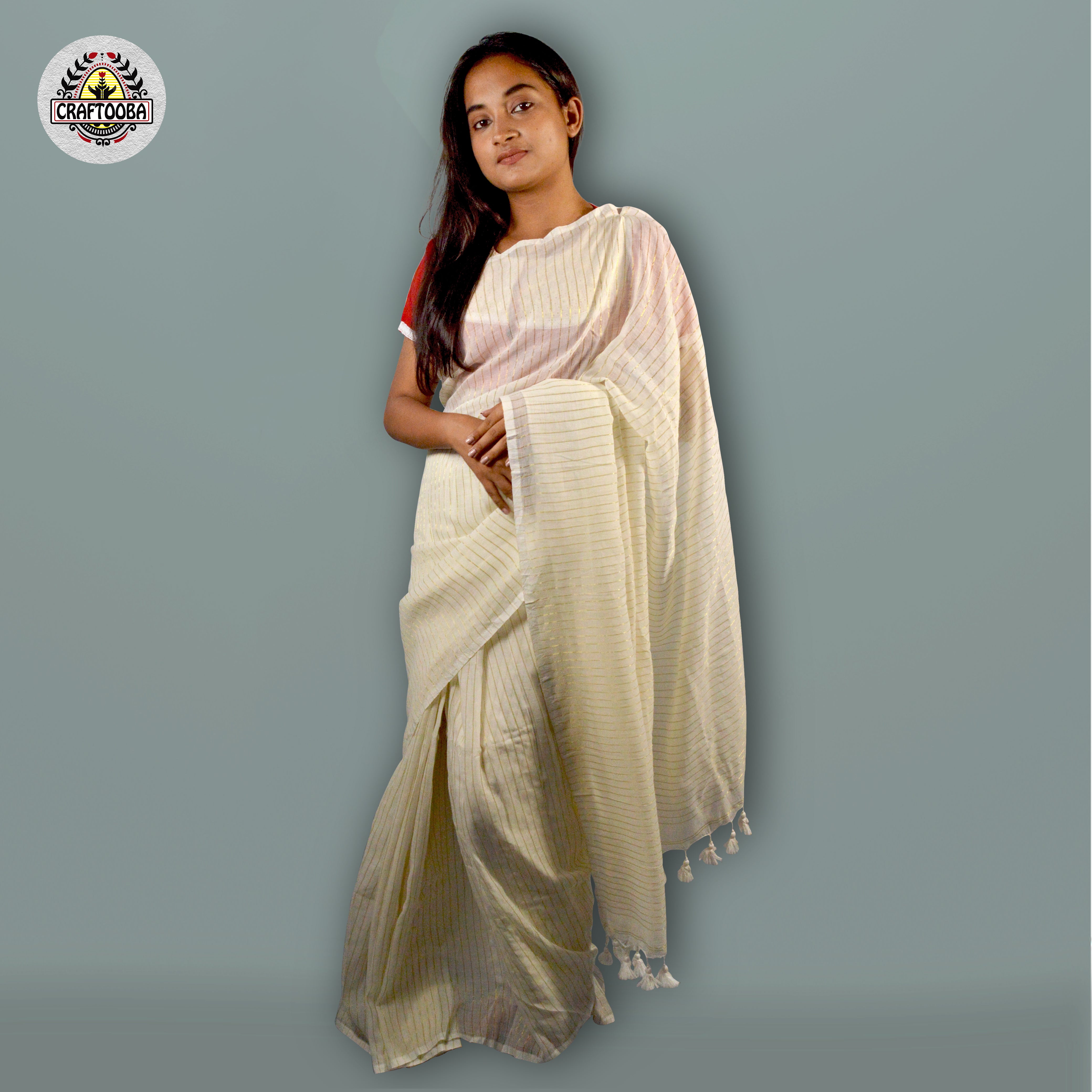 Craftooba Handwoven and hand spun white soft cotton saree with stripes in golden zari | Saree | Sari | Ethnic Wear | Sarees for women | Women Wear | Cotton saree