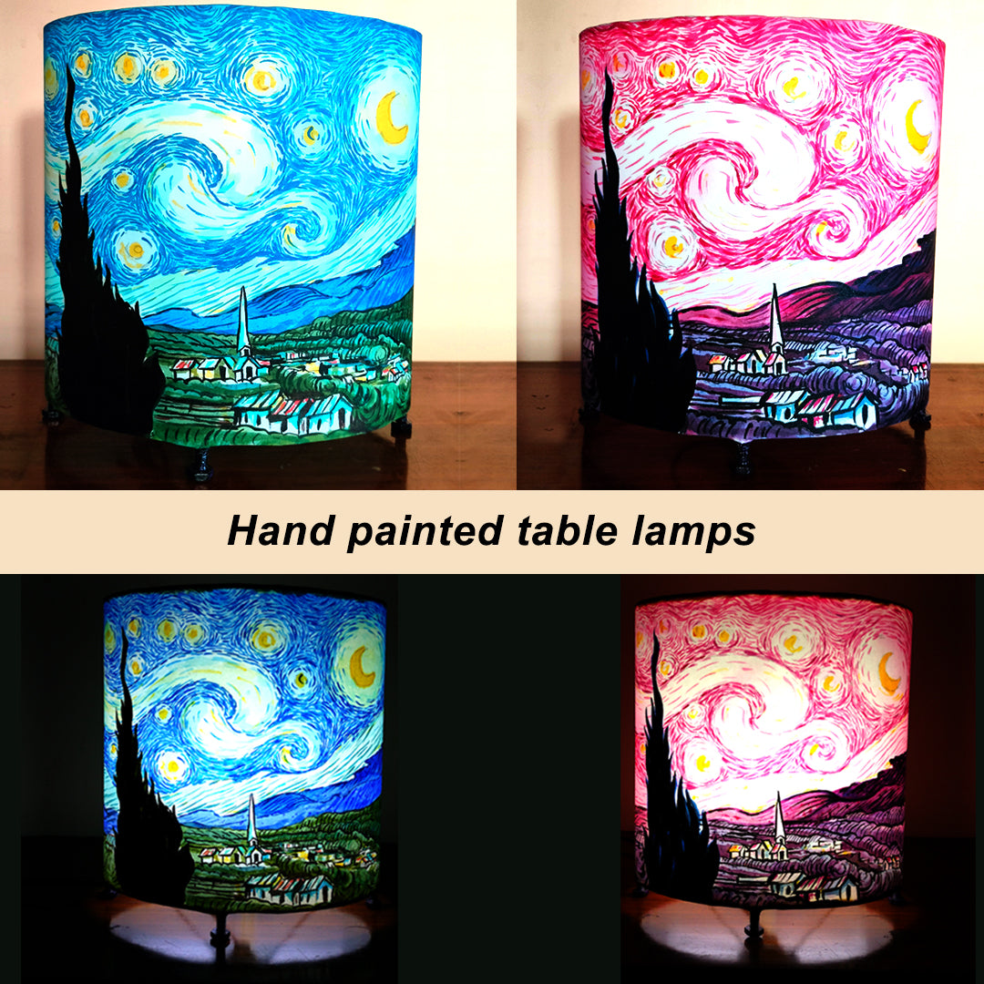 Craftooba Combo of Starry night hand painted elliptical lamp | Hand Painted Table Lamp Shade | For Bedroom | Home | Living Room | Bedside | Home Decor Items & Gift