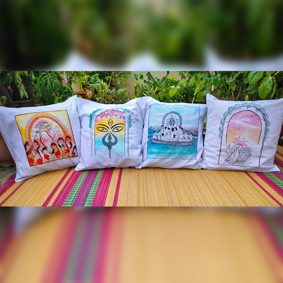 Cotton Hand-Painted 16.5 Inches L X 16.5 Inches W Durga Inspired Cushion Cover Set of 4 (Combo) | Cushion Cover | Cushion | Pillow Cover | Sofa Decor | Home Decor | Premium Cushion Cover