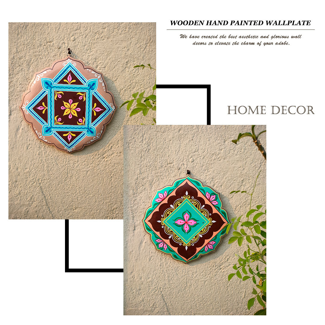 Hand-Painted Engineered Wood Wall Plate Set – Lotus Petal Design (Set of 2)