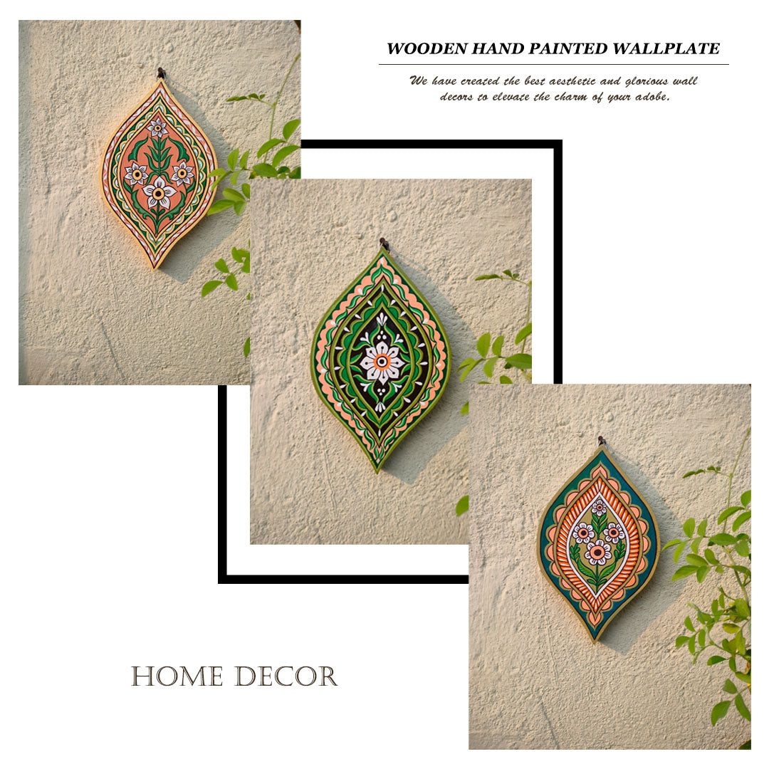Craftooba Love Hand-Painted Wall Plate Set – Leaf-Shaped Floral Motif (Set of 3)