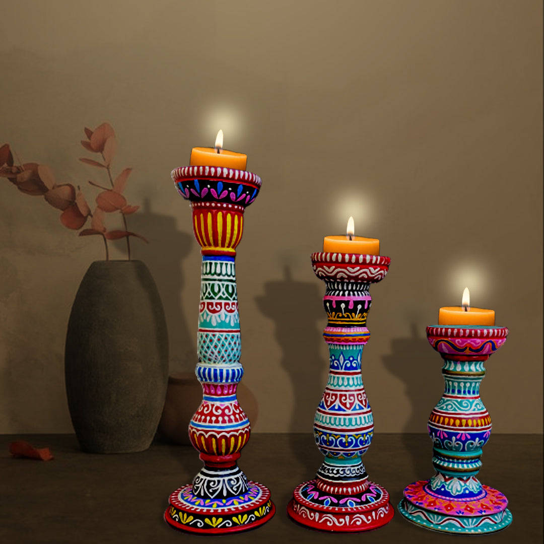 Wooden Hand Painted Decorative Candle Stand - Set of 3 | cnadle | Candle Stand | Diwali Gift | Decor |