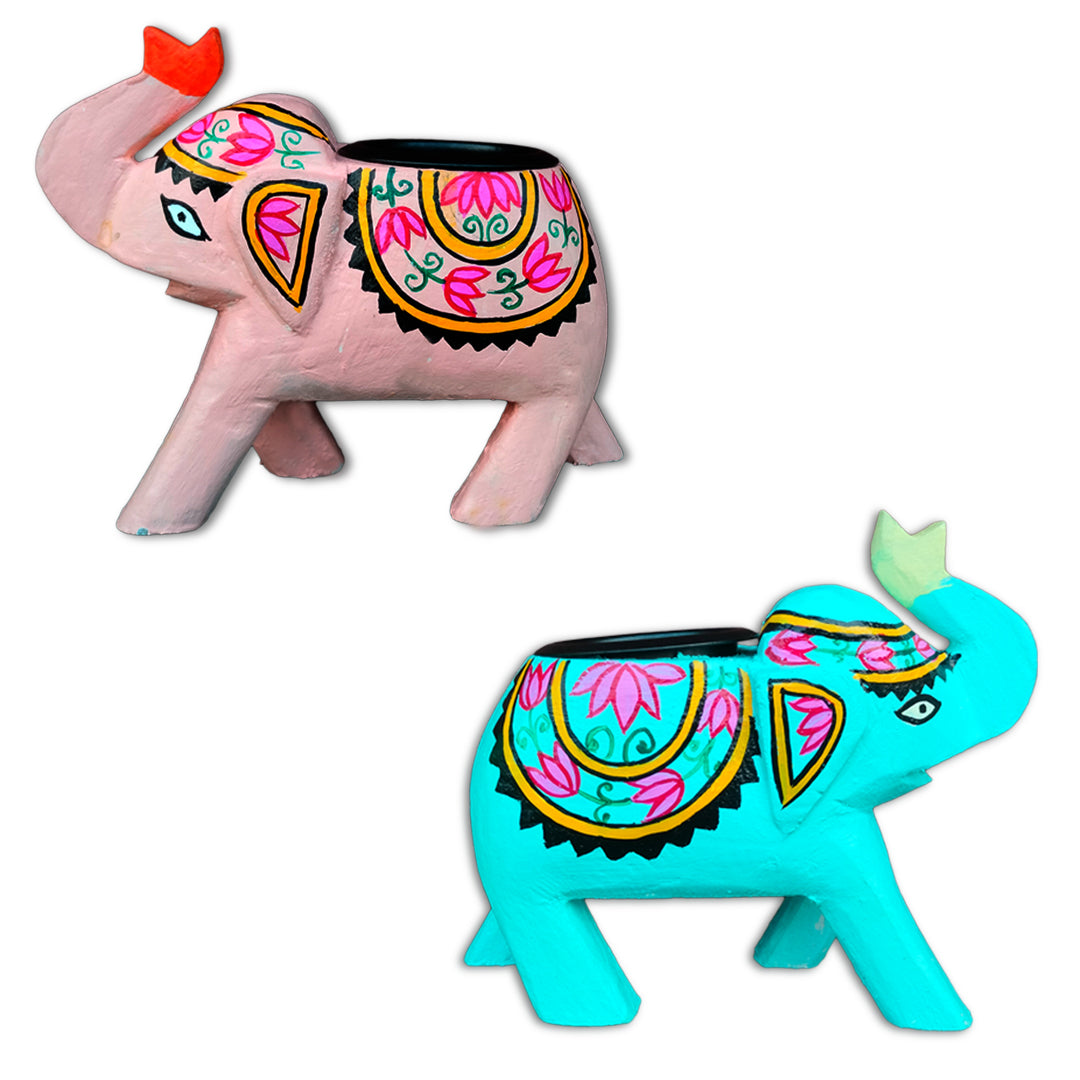 Wooden hand carved and hand painted elephant candle stand blue and pink combo of 2 | Candle stand | Decor |