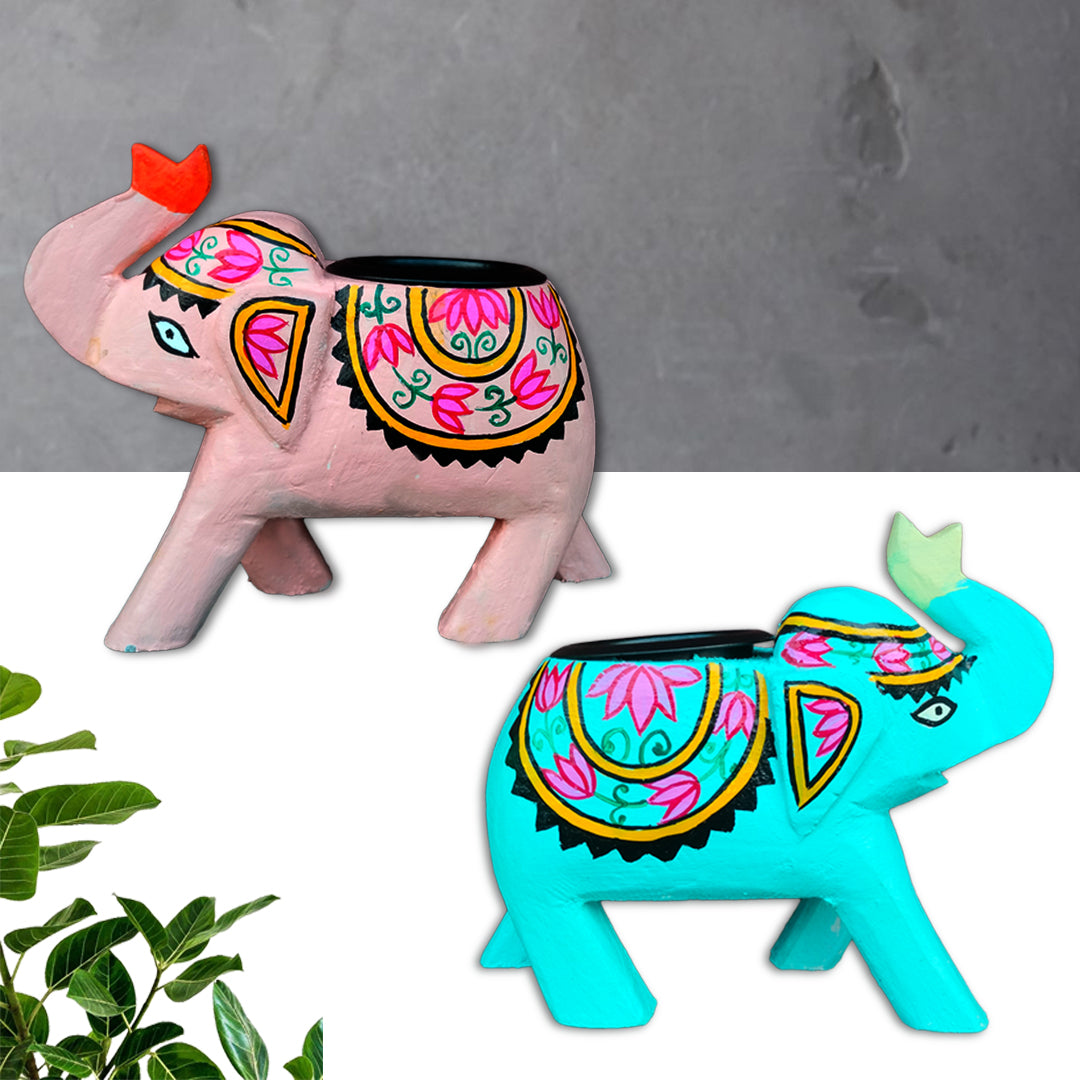 Wooden hand carved and hand painted elephant candle stand blue and pink combo of 2 | Candle stand | Decor |