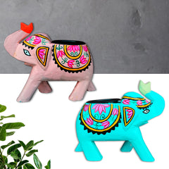 Wooden hand carved and hand painted elephant candle stand blue and pink combo of 2 | Candle stand | Decor |