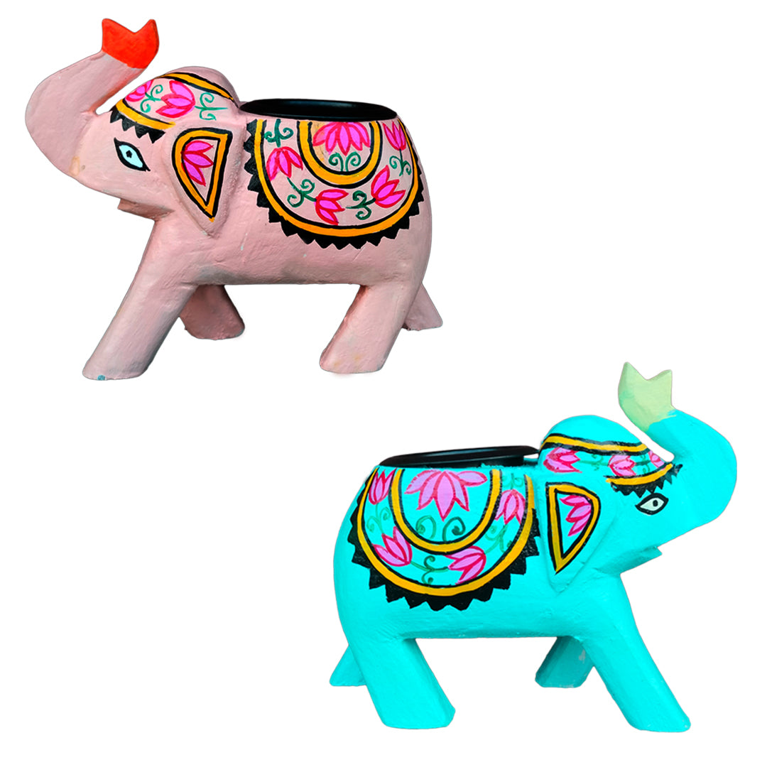 Wooden hand carved and hand painted elephant candle stand blue and pink combo of 2 | Candle stand | Decor |