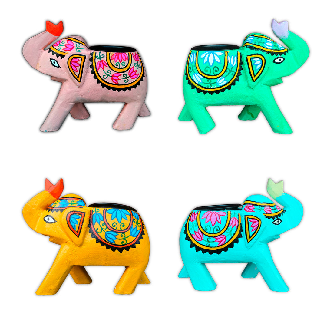 Wooden hand carved and hand painted elephant candle stand yellow, green, pink and blue combo of 4 | Candle stand | Decor |