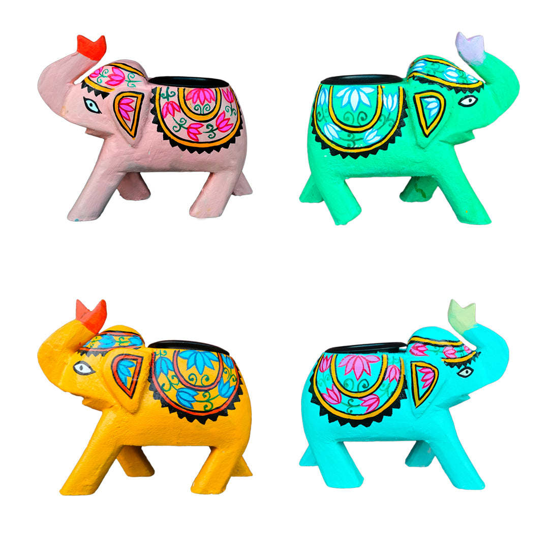 Wooden hand carved and hand painted elephant candle stand yellow, green, pink and blue combo of 4 | Candle stand | Decor |