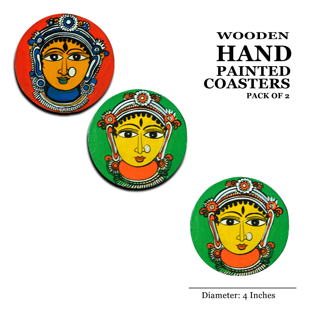 Wooden handpainted Maa Durga Inspired Coasters art Set Of 2 –  | Wooden handpainted coaster decor