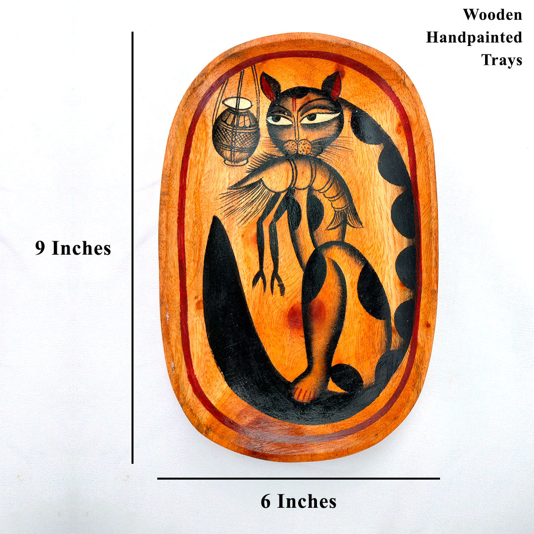 Craftooba A Curious Tale from Kolkata The Cat with The Prawn Handpainted Wooden Tray | Trays | Wooden Tray | Handpainted Trays | Decorative Trays | Serving Tray | Table Top | Decor |