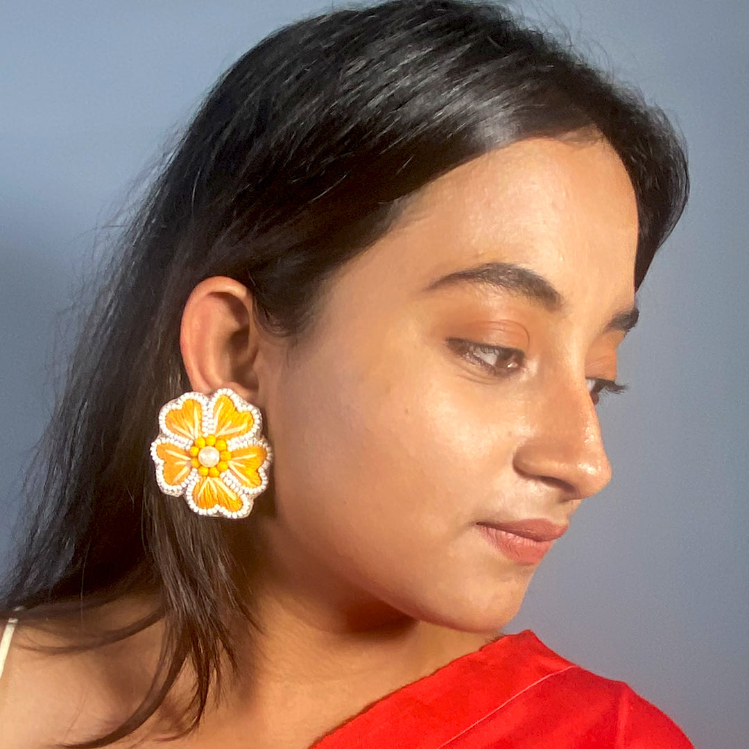 Craftooba golden yellow floral beaded earings | Length 5 cm, Breadth 5.5 cm | Earings | Jewellery | Haldi jewellery | Beads Jewellery | Hand made ear rings