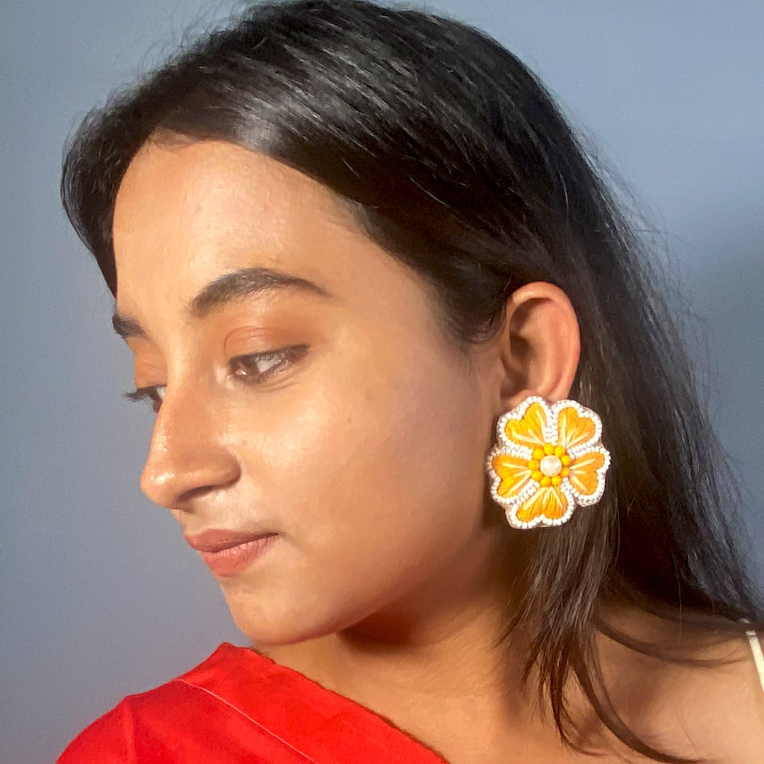 Craftooba golden yellow floral beaded earings | Length 5 cm, Breadth 5.5 cm | Earings | Jewellery | Haldi jewellery | Beads Jewellery | Hand made ear rings