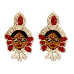 Craftooba white Maa Durga beaded earings | Length 10.5 cm, Breadth 6.5 cm | Earings | Jewellery | Haldi jewellery | Beads Jewellery | Hand made ear rings