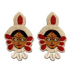 Craftooba white Maa Durga beaded earings | Length 10.5 cm, Breadth 6.5 cm | Earings | Jewellery | Haldi jewellery | Beads Jewellery | Hand made ear rings