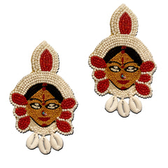 Craftooba white Maa Durga beaded earings | Length 10.5 cm, Breadth 6.5 cm | Earings | Jewellery | Haldi jewellery | Beads Jewellery | Hand made ear rings