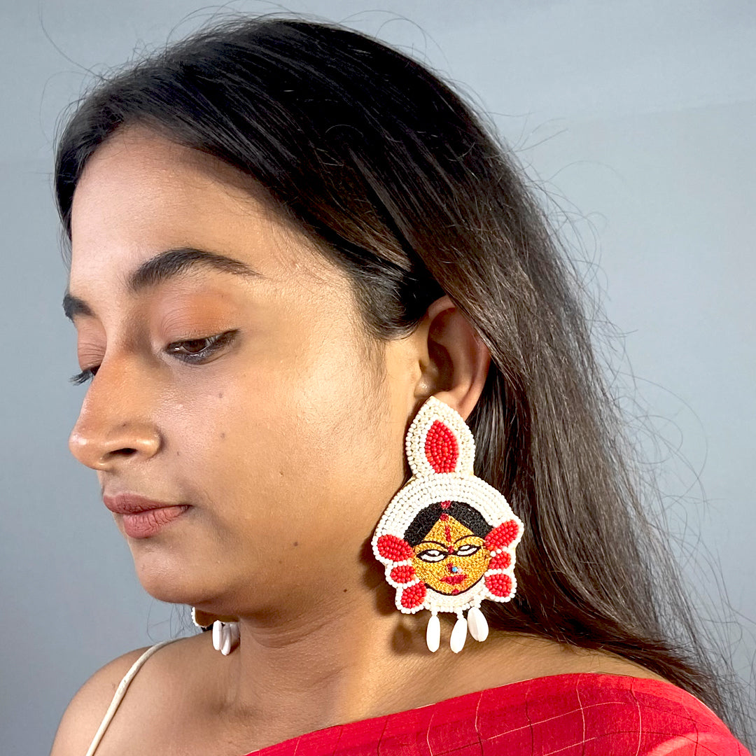 Craftooba white Maa Durga beaded earings | Length 10.5 cm, Breadth 6.5 cm | Earings | Jewellery | Haldi jewellery | Beads Jewellery | Hand made ear rings