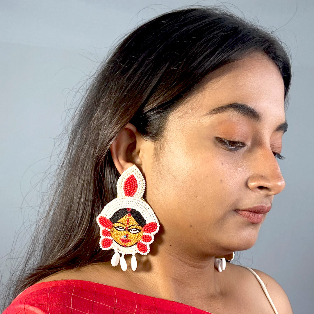 Craftooba white Maa Durga beaded earings | Length 10.5 cm, Breadth 6.5 cm | Earings | Jewellery | Haldi jewellery | Beads Jewellery | Hand made ear rings